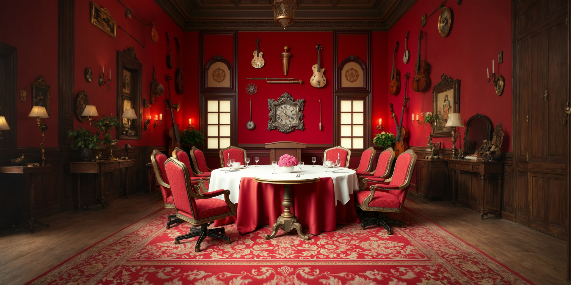 The HIP Inc. Boardroom on Floor 14: deep red walls, a round wooden meeting table with velvet chairs, and antique brass instruments on the shelves
