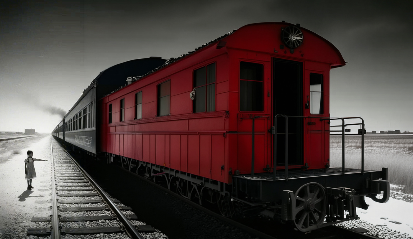 A small girl standing beside long tracks as the last red freight car passes