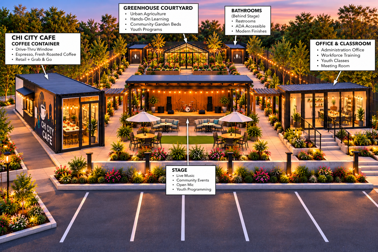 Concept rendering of the campus at sunset: Chi City Cafe container with drive-thru, garden, covered stage, and classroom containers
