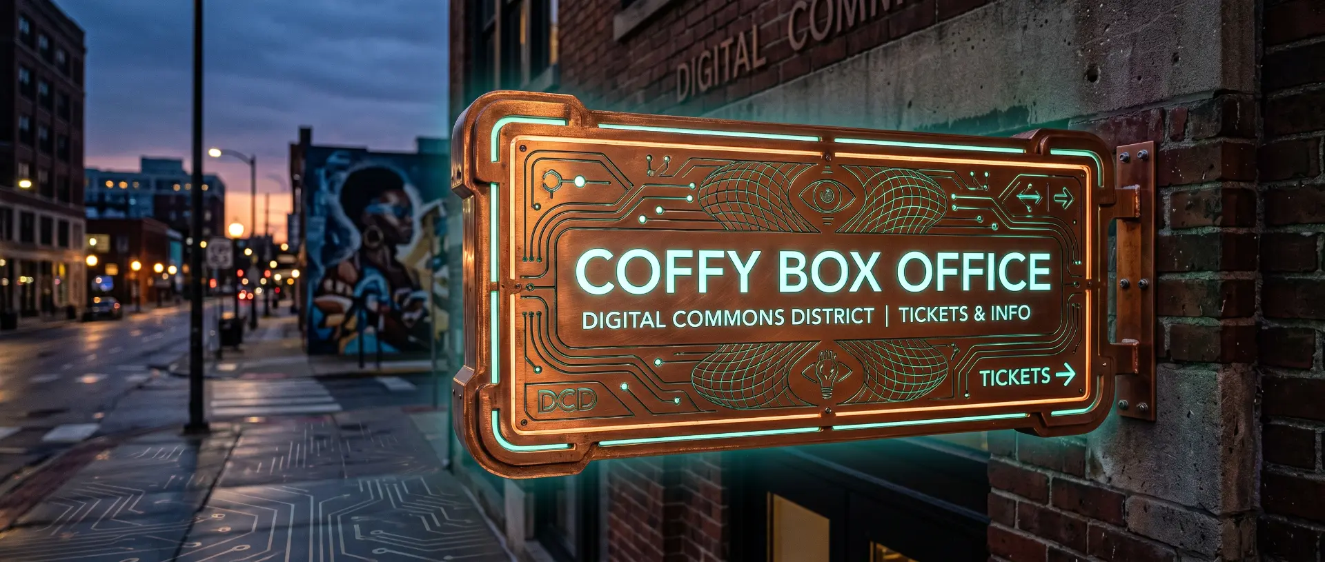 The Coffy Box Office window glowing under the neon marquee