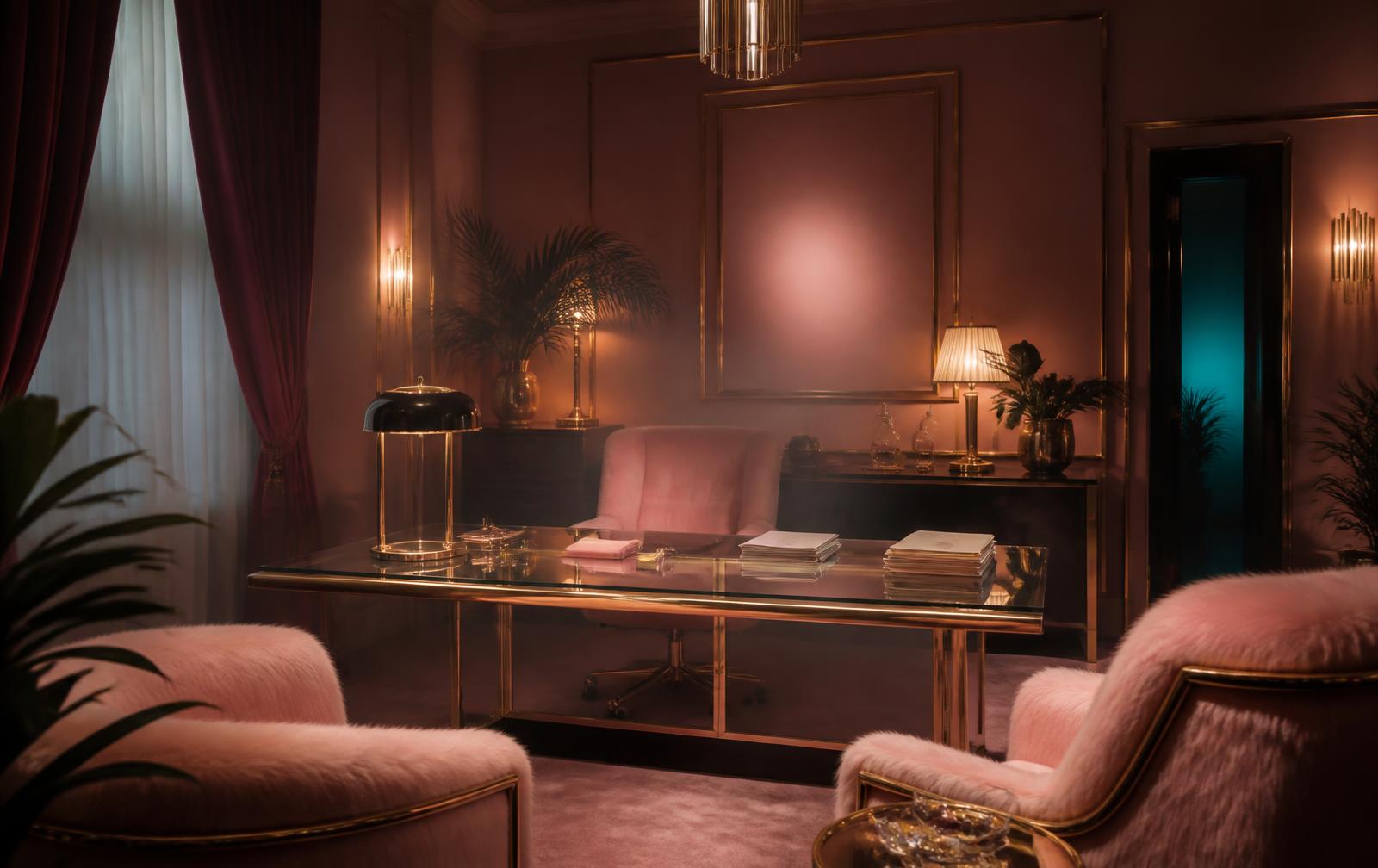 A blush-pink parlor with a gold-trimmed glass desk, fuzzy pink chairs, velvet drapes, and brass lamps in soft haze