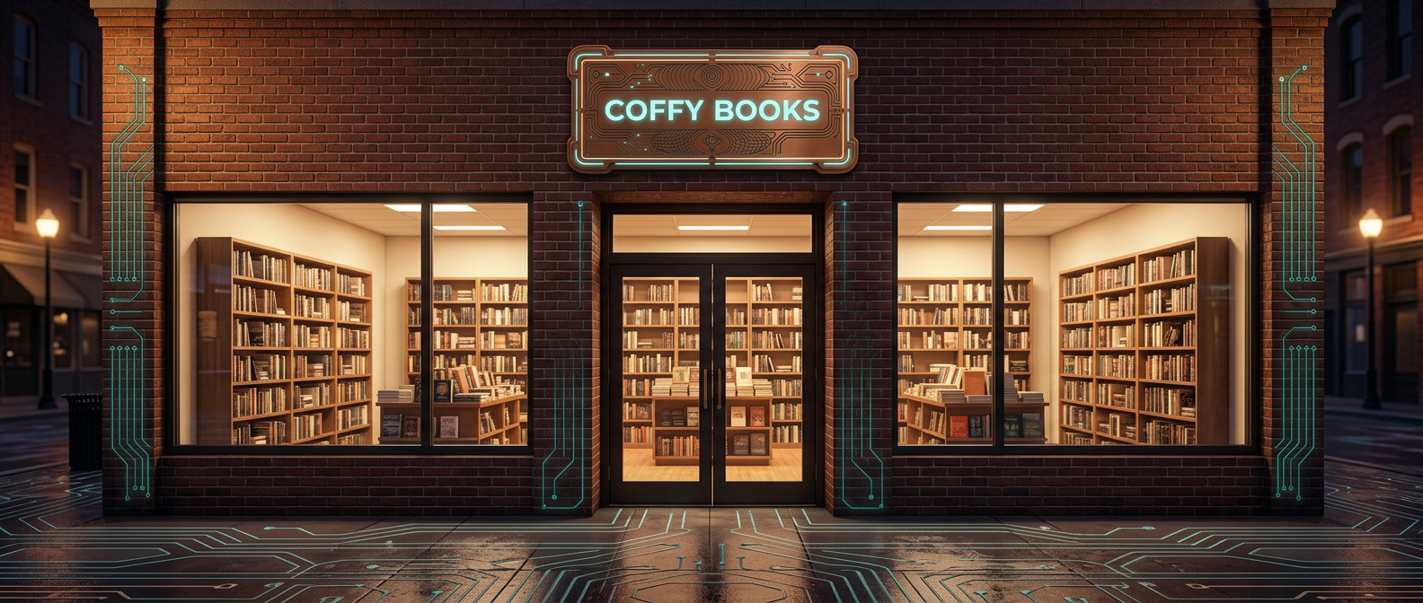 Coffy Books on HIP Way, a brick bookstore with two illuminated display windows and double doors