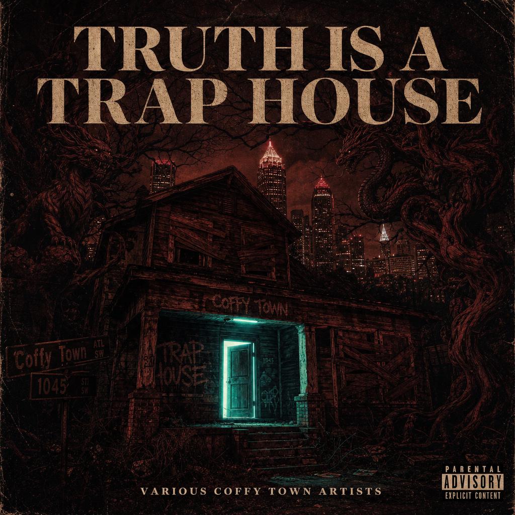 TRUTH IS A TRAP HOUSE album cover — a boarded-up Atlanta trap house at night with teal neon spilling from the front door.